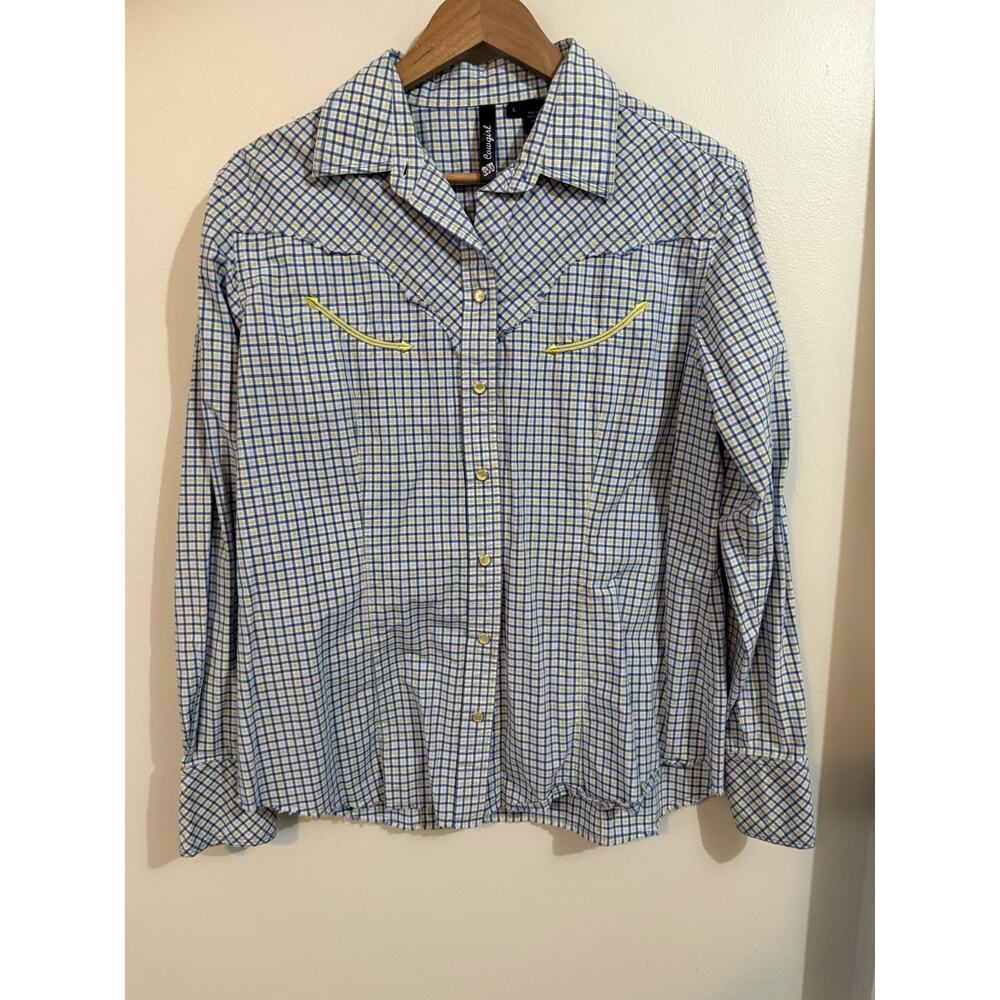 RU Cowgirl Embroidered Pearl Snap Size Large Blue Check With Yellow Detail